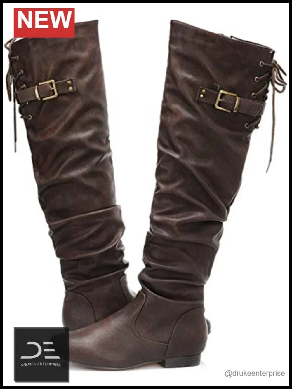 Over the Knee Slouch Thigh Boots, Faux Leather, Flat Heel, Side Zip